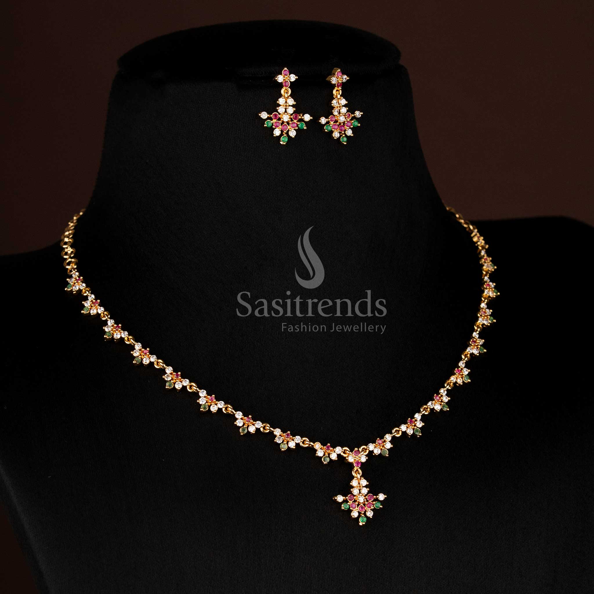 Elegant Multi American Diamond Micro Gold Plated Floral Cluster Earrings Set With Traditional Design Jewellery - Sasitrends