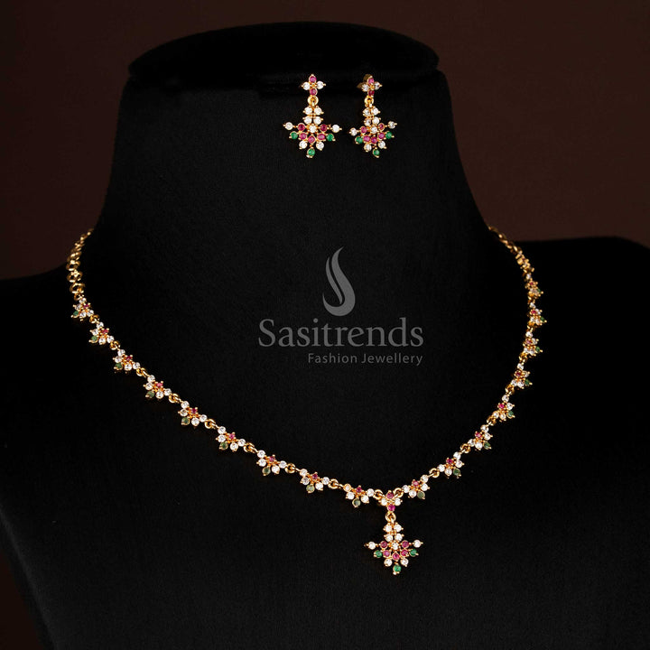 Elegant Multi American Diamond Micro Gold Plated Floral Cluster Earrings Set With Traditional Design Jewellery - Sasitrends