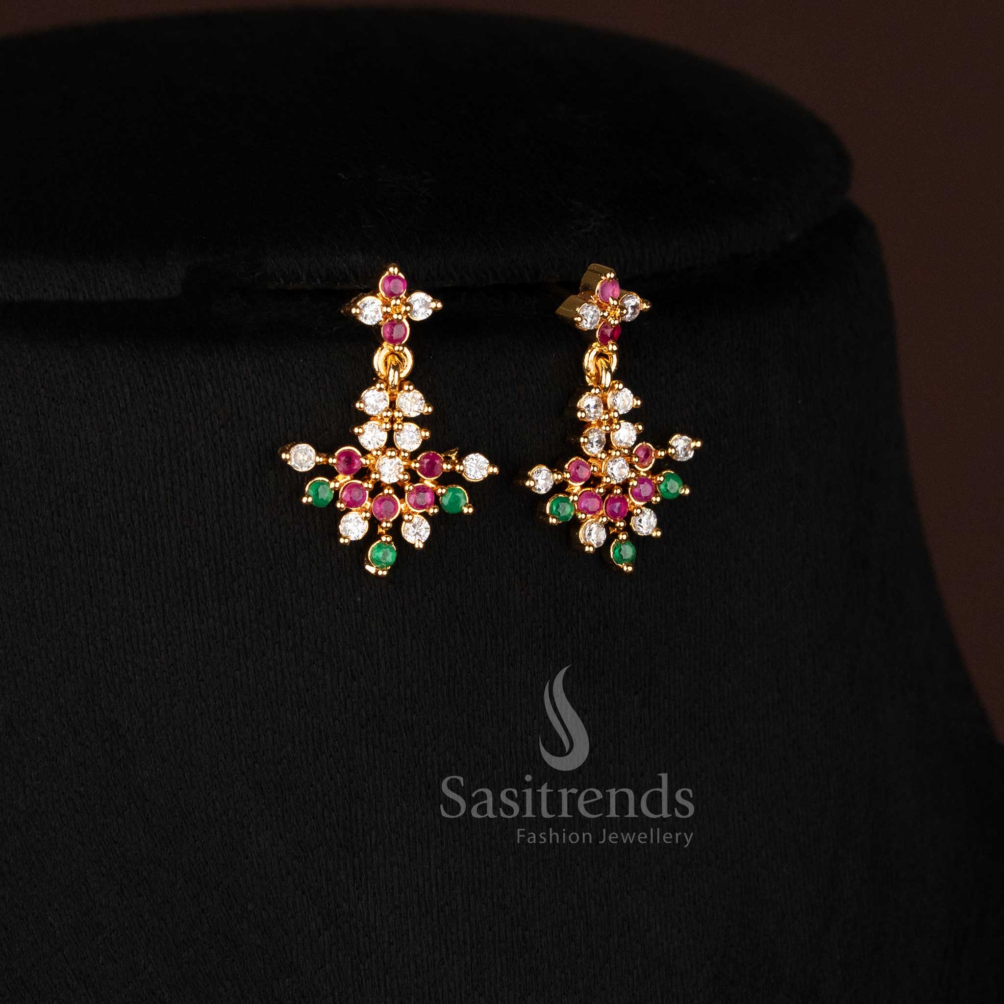 Elegant Multi American Diamond Micro Gold Plated Floral Cluster Earrings Set With Traditional Design Jewellery - Sasitrends