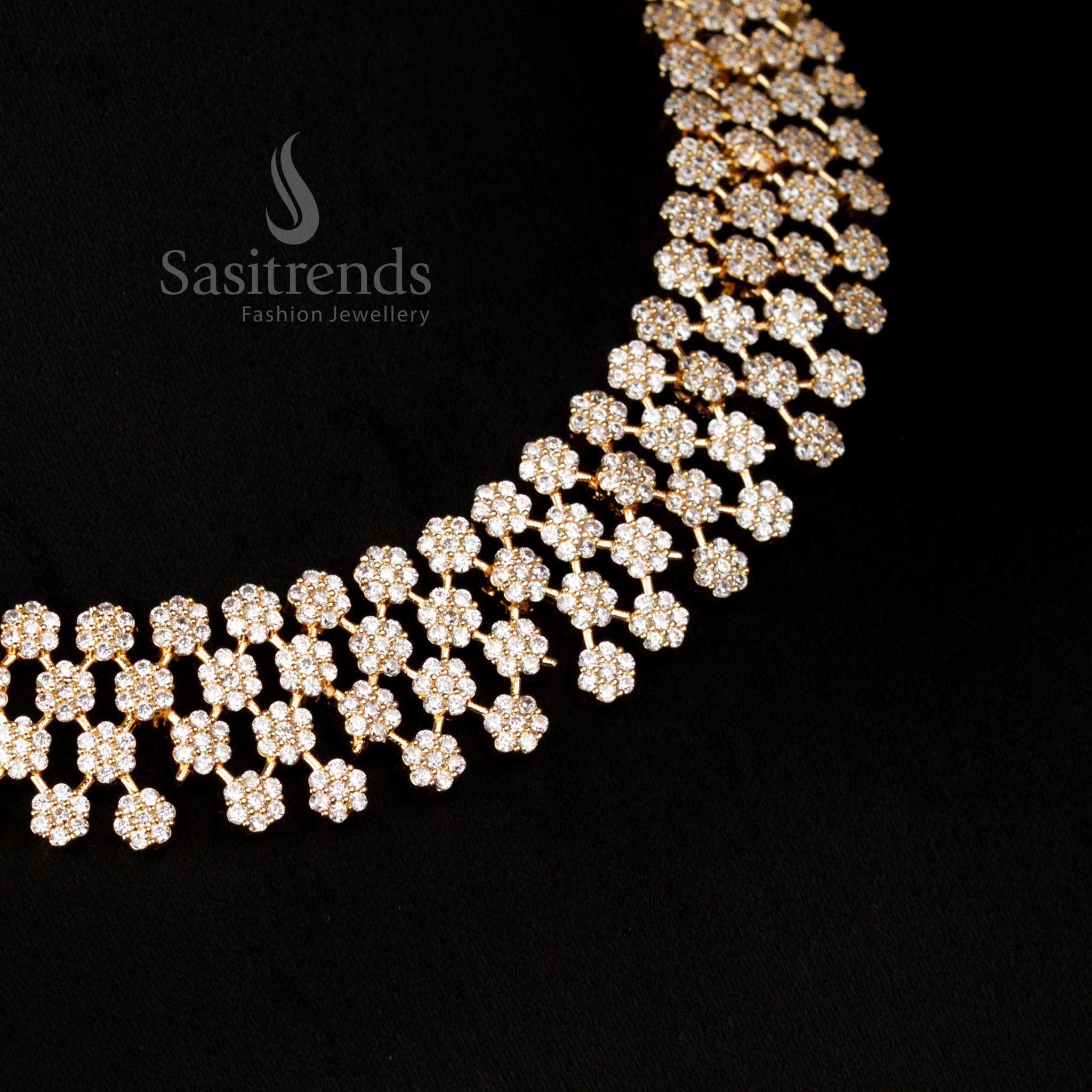 Opulent American Diamond Micro Gold Plated Floral Necklace with Matching Earrings – Sasitrends
