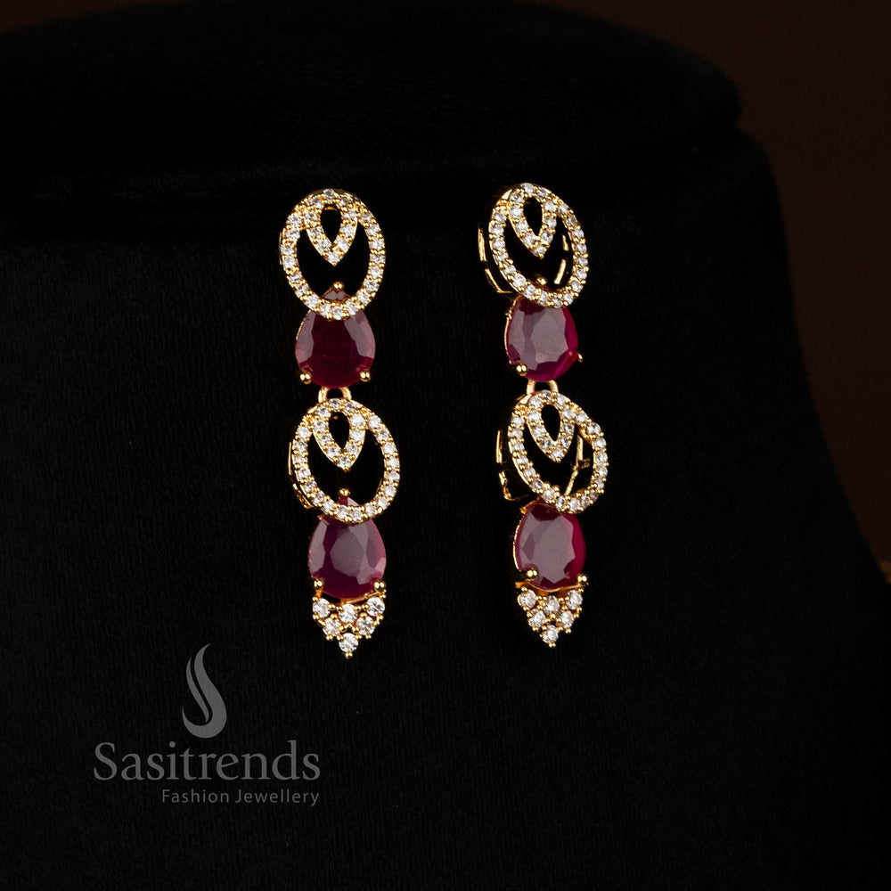 Radiant One Gram Micro Gold Plated White-Ruby American Diamond Oval and Teardrop Necklace Jewellery Set for Saree, Lehenga, or Gown – Sasitrends