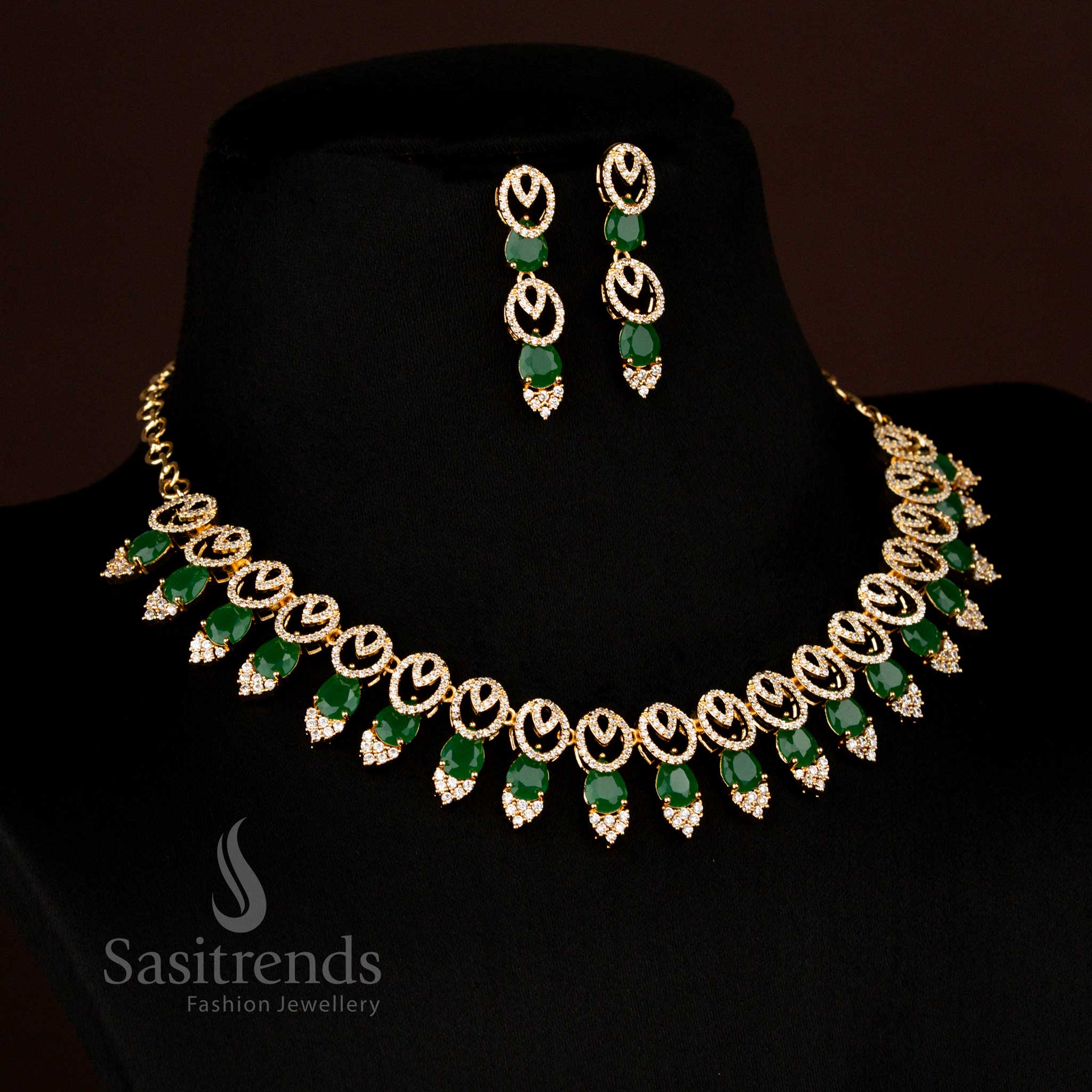 Radiant One Gram Micro Gold Plated White-Green American Diamond Oval and Teardrop Necklace Jewellery Set for Saree, Lehenga, or Gown – Sasitrends