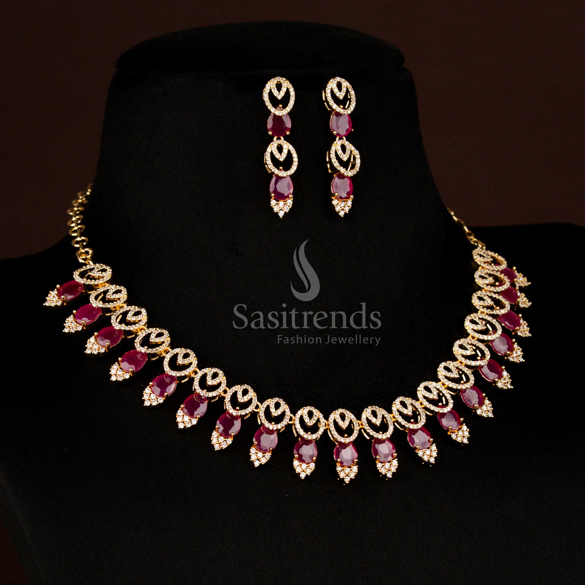 Radiant One Gram Micro Gold Plated White-Ruby American Diamond Oval and Teardrop Necklace Jewellery Set for Saree, Lehenga, or Gown – Sasitrends