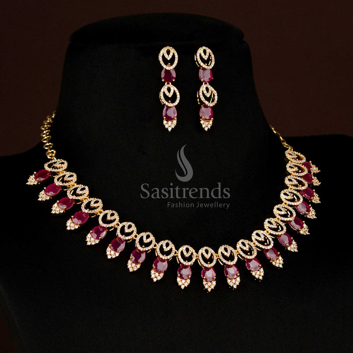 Radiant One Gram Micro Gold Plated White-Ruby American Diamond Oval and Teardrop Necklace Jewellery Set for Saree, Lehenga, or Gown – Sasitrends