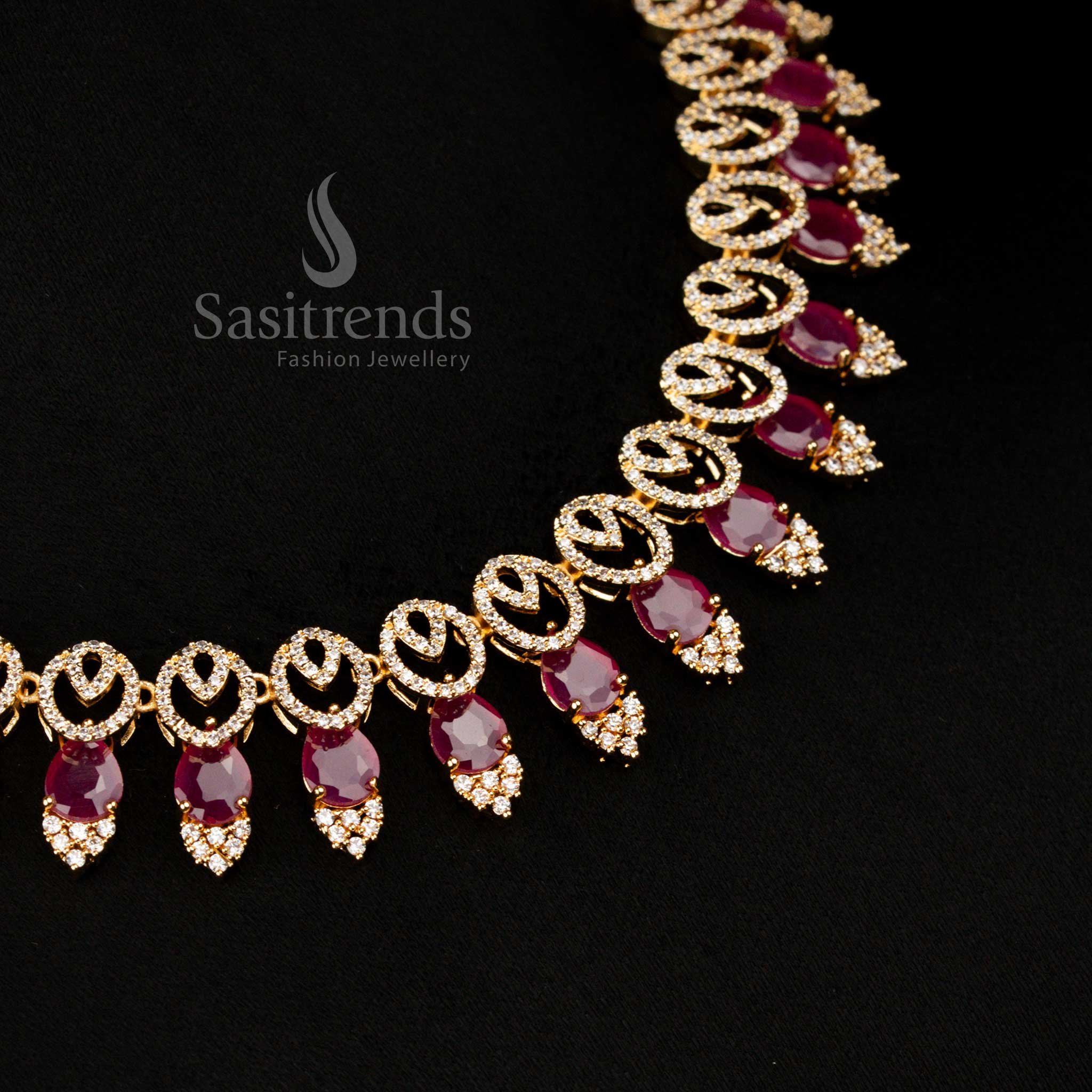Radiant One Gram Micro Gold Plated White-Ruby American Diamond Oval and Teardrop Necklace Jewellery Set for Saree, Lehenga, or Gown – Sasitrends