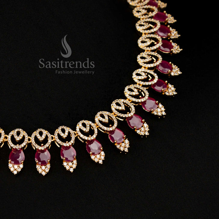 Radiant One Gram Micro Gold Plated White-Ruby American Diamond Oval and Teardrop Necklace Jewellery Set for Saree, Lehenga, or Gown – Sasitrends