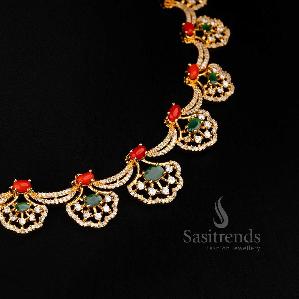 Sasitrends party wear american diamond micro gold fan shaped pavalam white green necklace jewellery set
