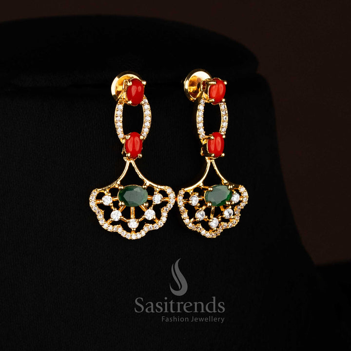 
american diamond micro gold plated fan motif necklace jewellery set with pavalam and white green stones - Sasitrends