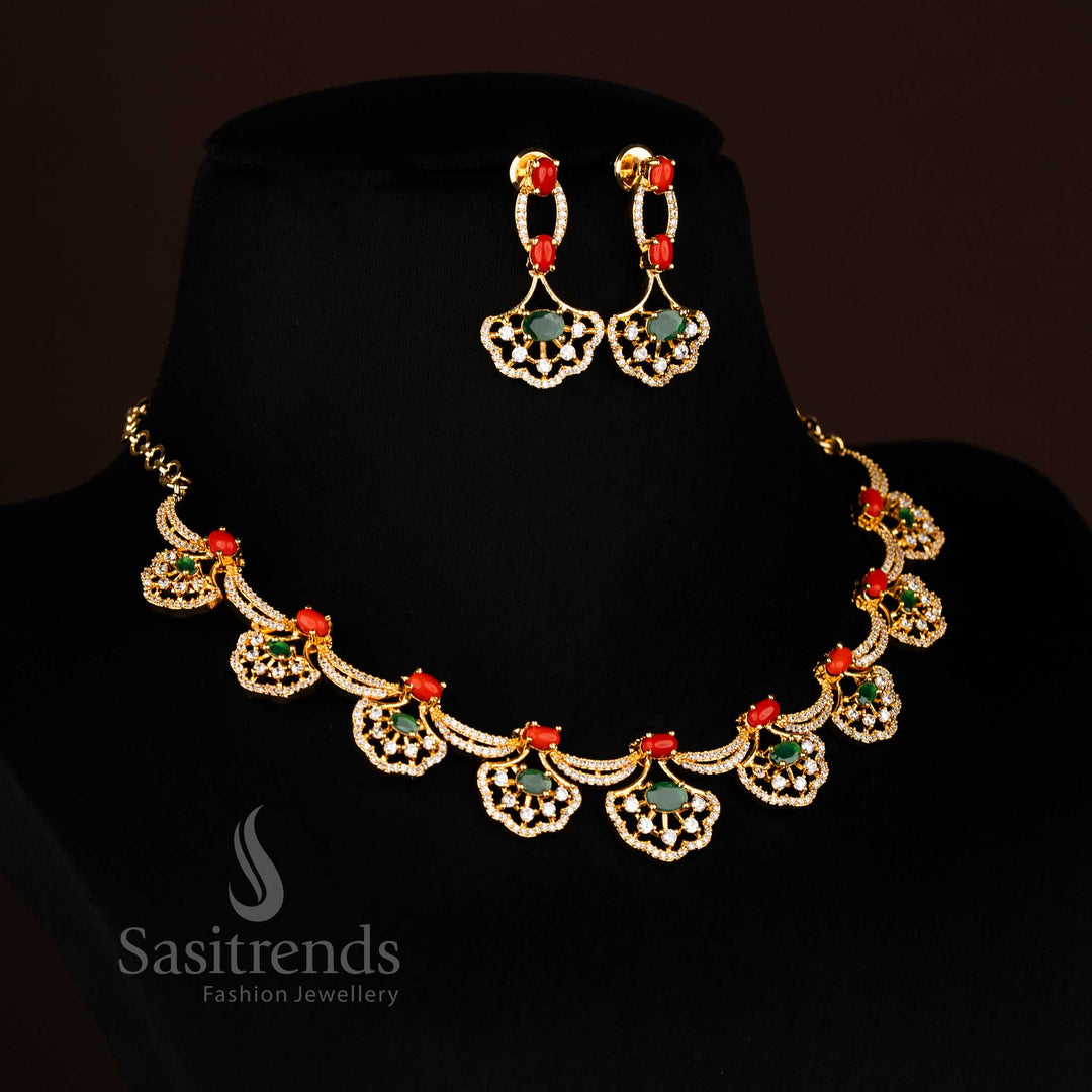 Sasitrends american diamond micro gold fan shaped pavalam white green necklace jewellery set
