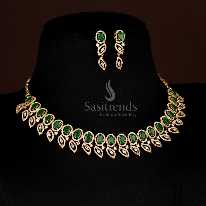 Elegant American Diamond Oval Green Stone Necklace Jewellery Set with Golden Shine – Sasitrends