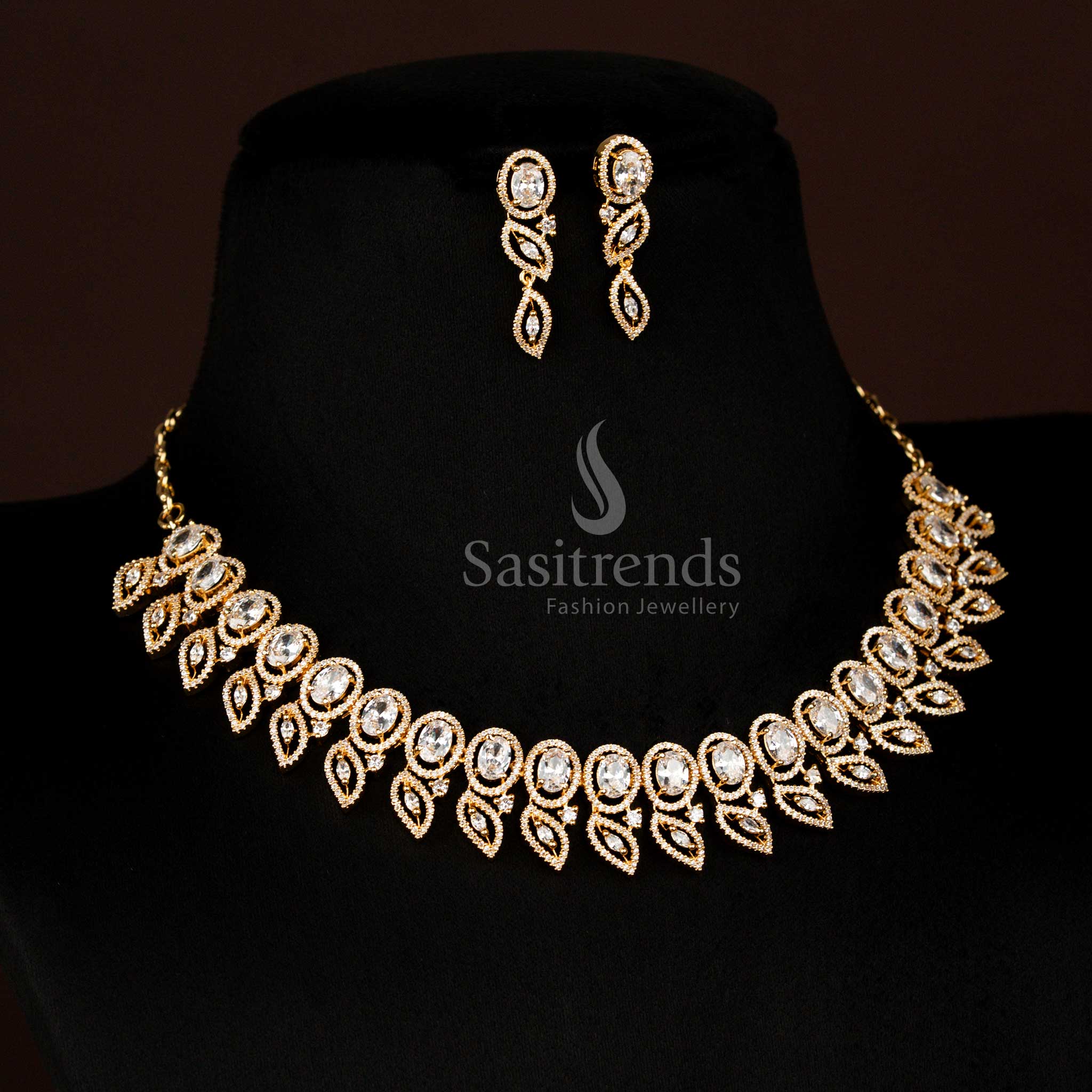Radiant American Diamond Micro Gold Plated Oval Stone Necklace Jewellery Set for Party Wear