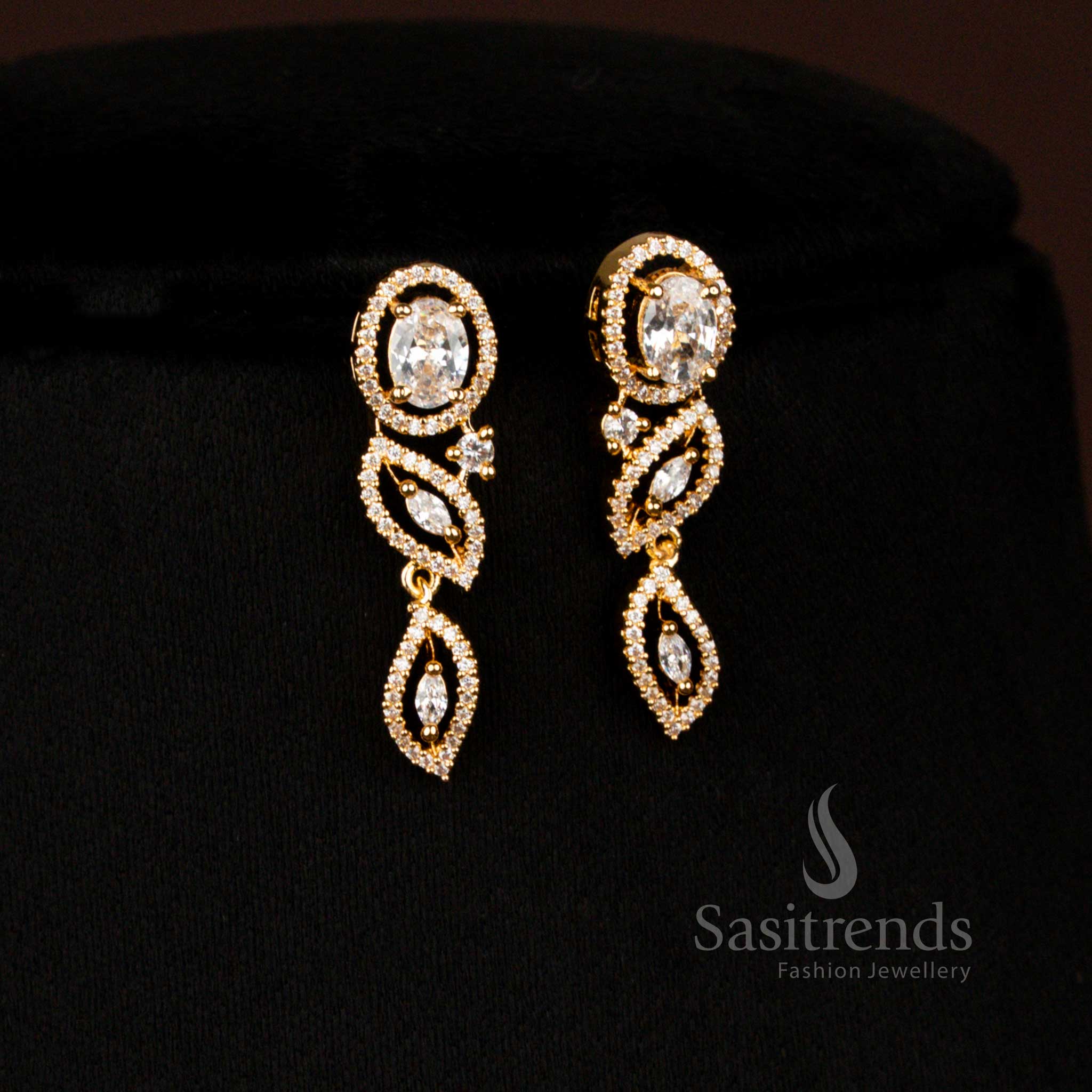 Elegant American Diamond Oval White Stone Necklace Jewellery Set with Golden Shine – Sasitrends