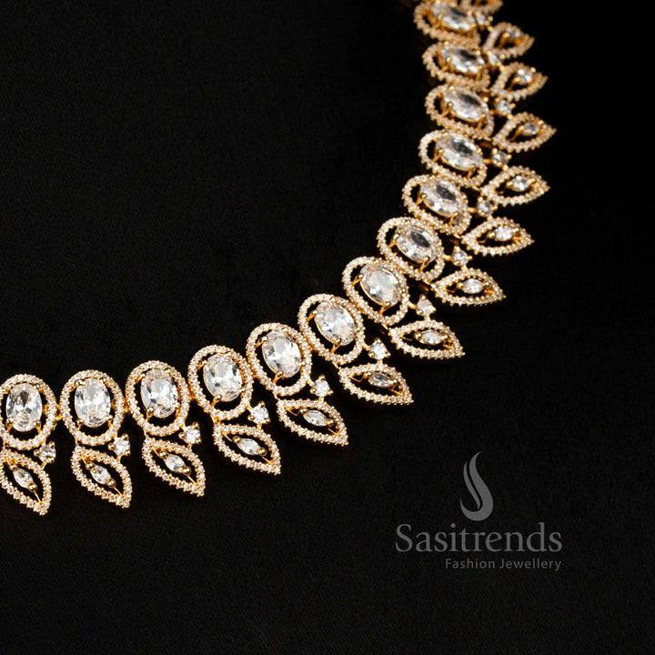 Elegant American Diamond Oval White Stone Necklace Jewellery Set with Golden Shine – Sasitrends