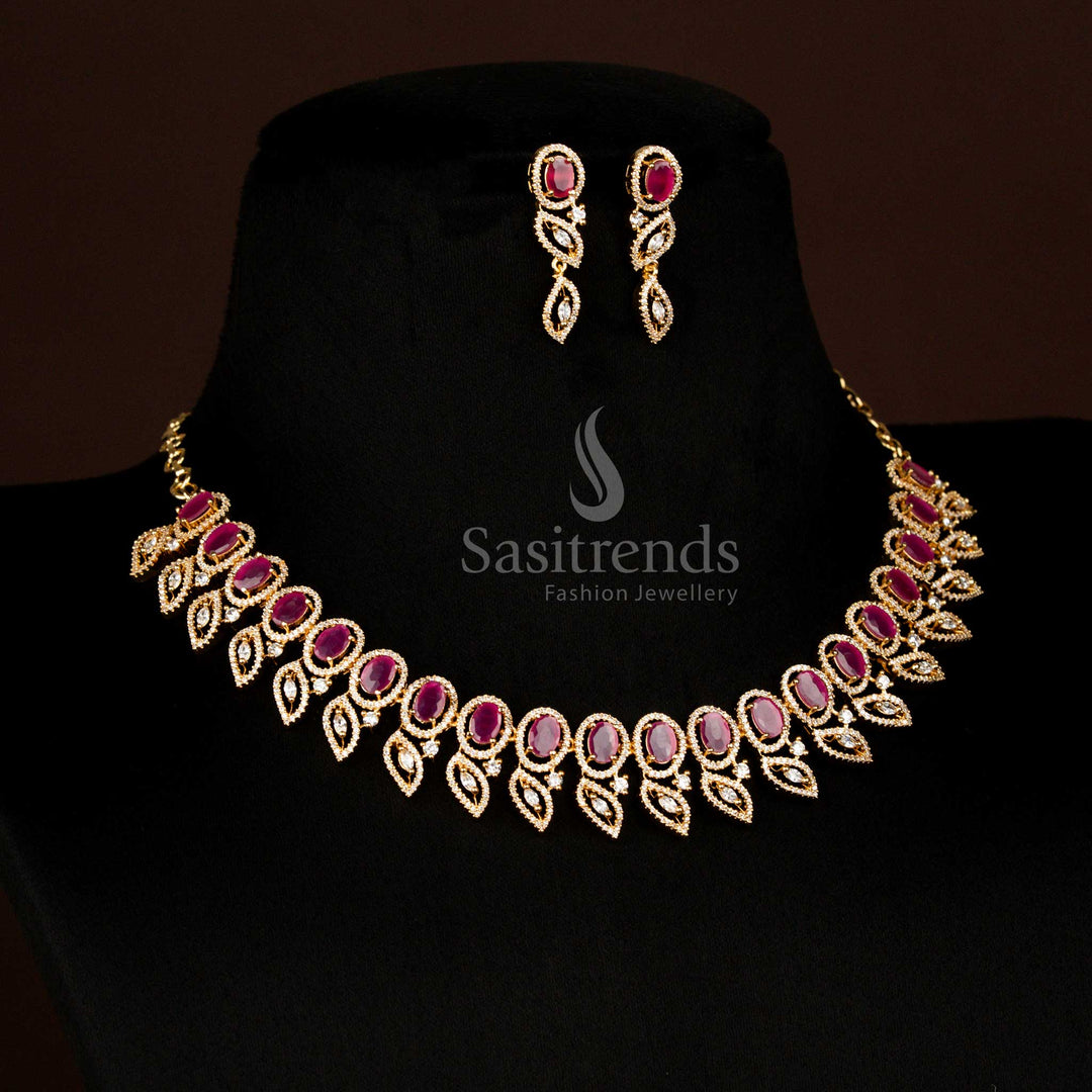 Radiant American Diamond Micro Gold Plated Oval Stone Necklace Jewellery Set with Earrings – Sasitrends