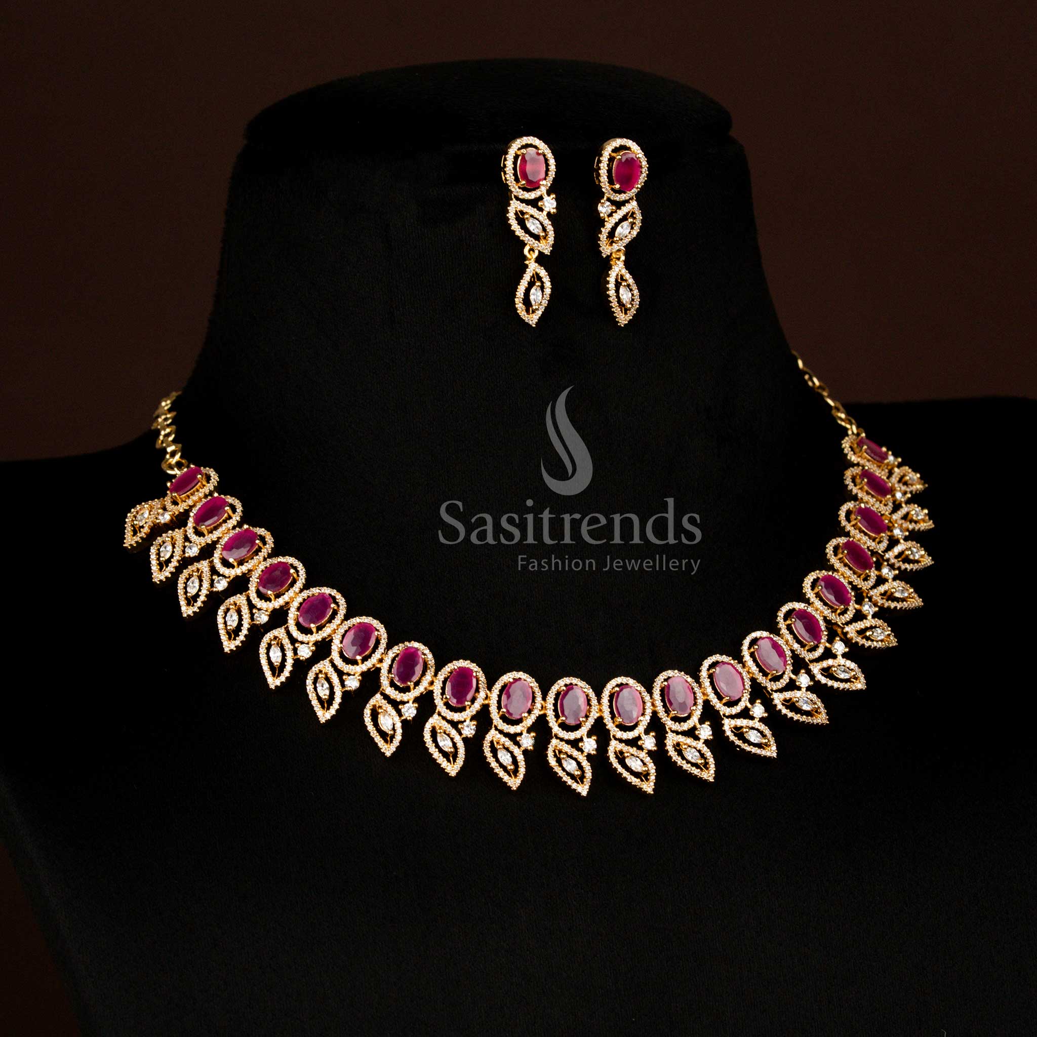 Radiant American Diamond Micro Gold Plated Oval Stone Necklace Jewellery Set with Earrings – Sasitrends
