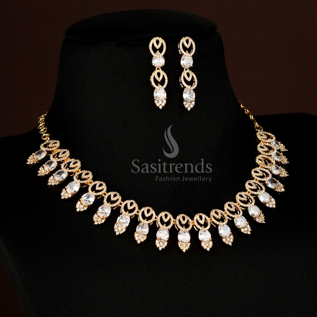 Radiant One Gram Micro Gold Plated White  American Diamond Oval and Teardrop Necklace Jewellery Set for Saree, Lehenga, or Gown – Sasitrends