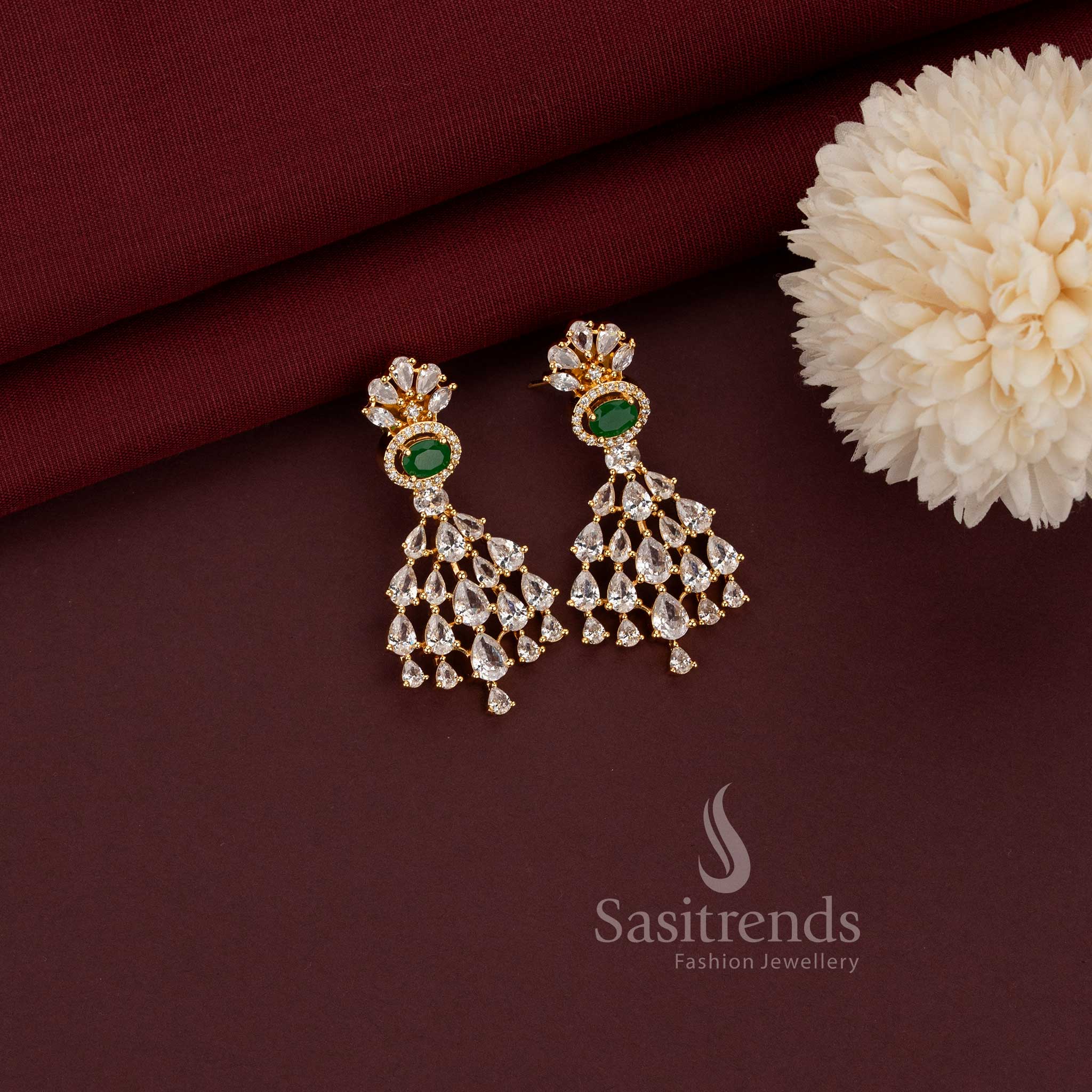 American Diamond One Gram 24K Micro Gold Plated Premium Party Wear Necklace Set with Earrings - Sasitrends