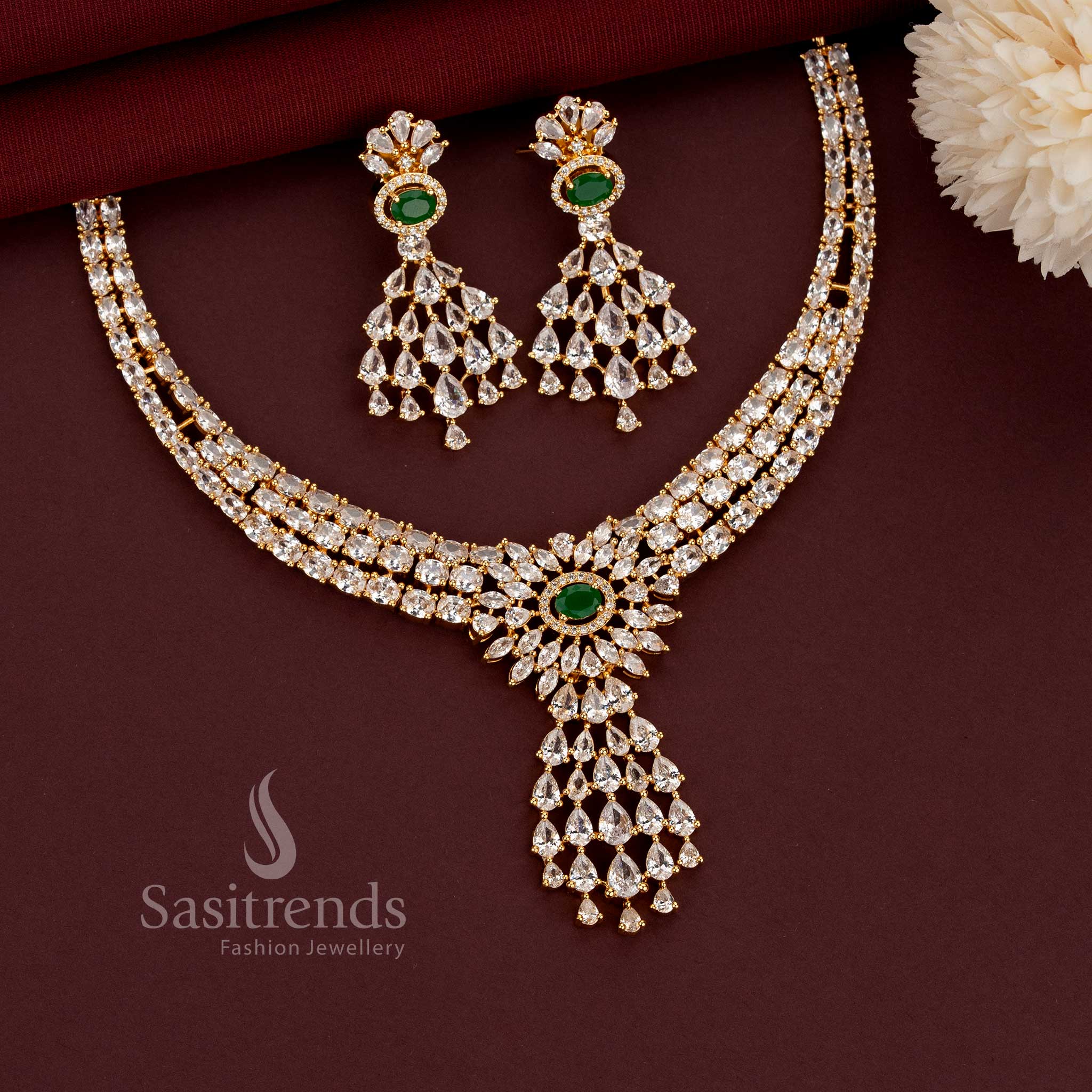 One Gram 24K Micro Gold Plated American Diamond necklace set for wedding and reception wear - Sasitrends