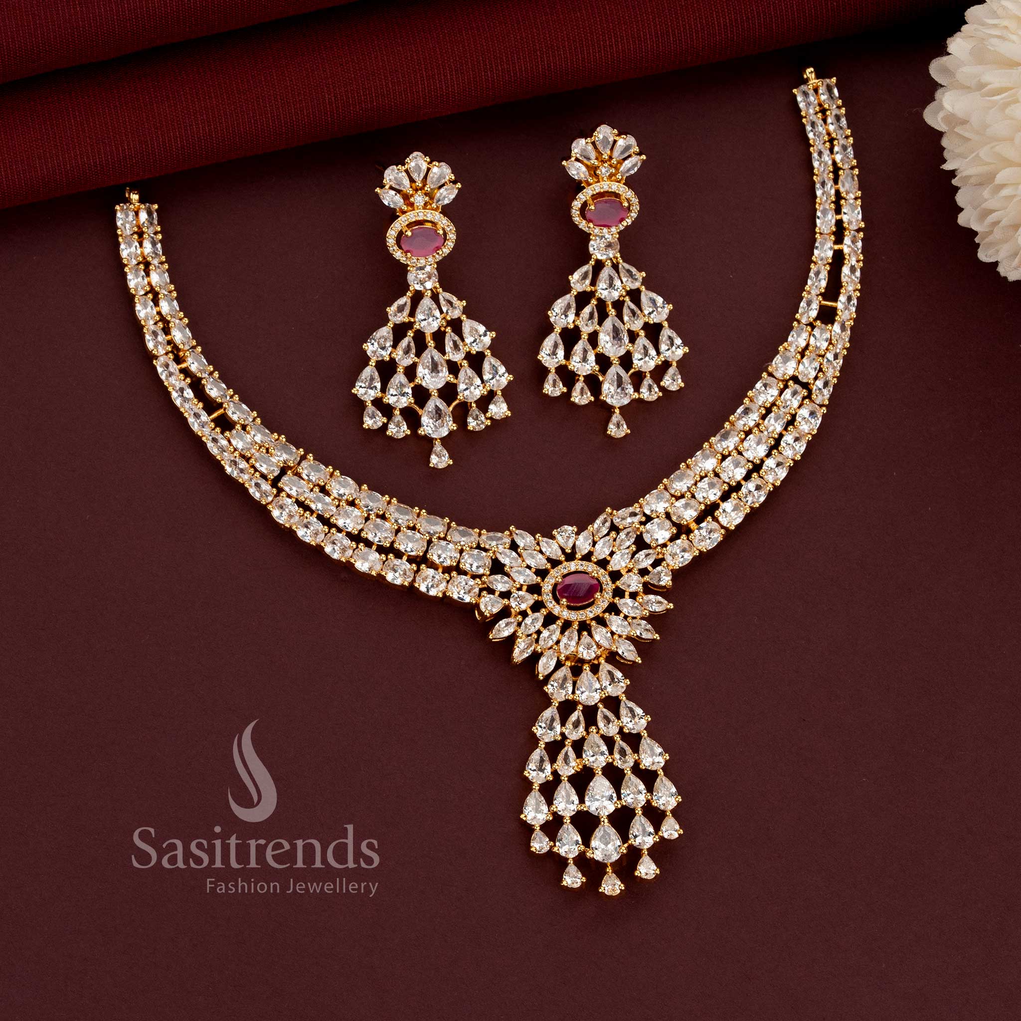 Grand party wear diamond-look necklace and matching earrings for women - Sasitrends
