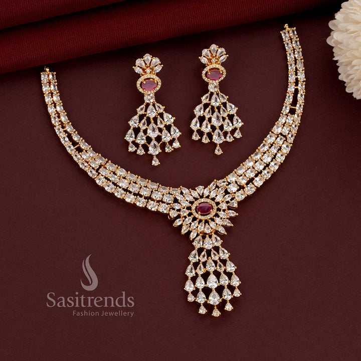 Grand party wear diamond-look necklace and matching earrings for women - Sasitrends