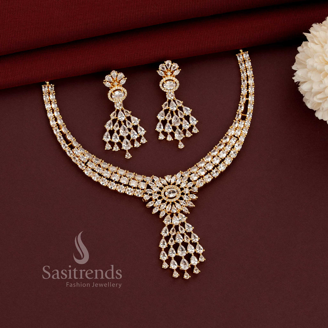 American Diamond One Gram 24K Micro Gold Plated Premium Party Wear Necklace Set with Earrings - Sasitrends