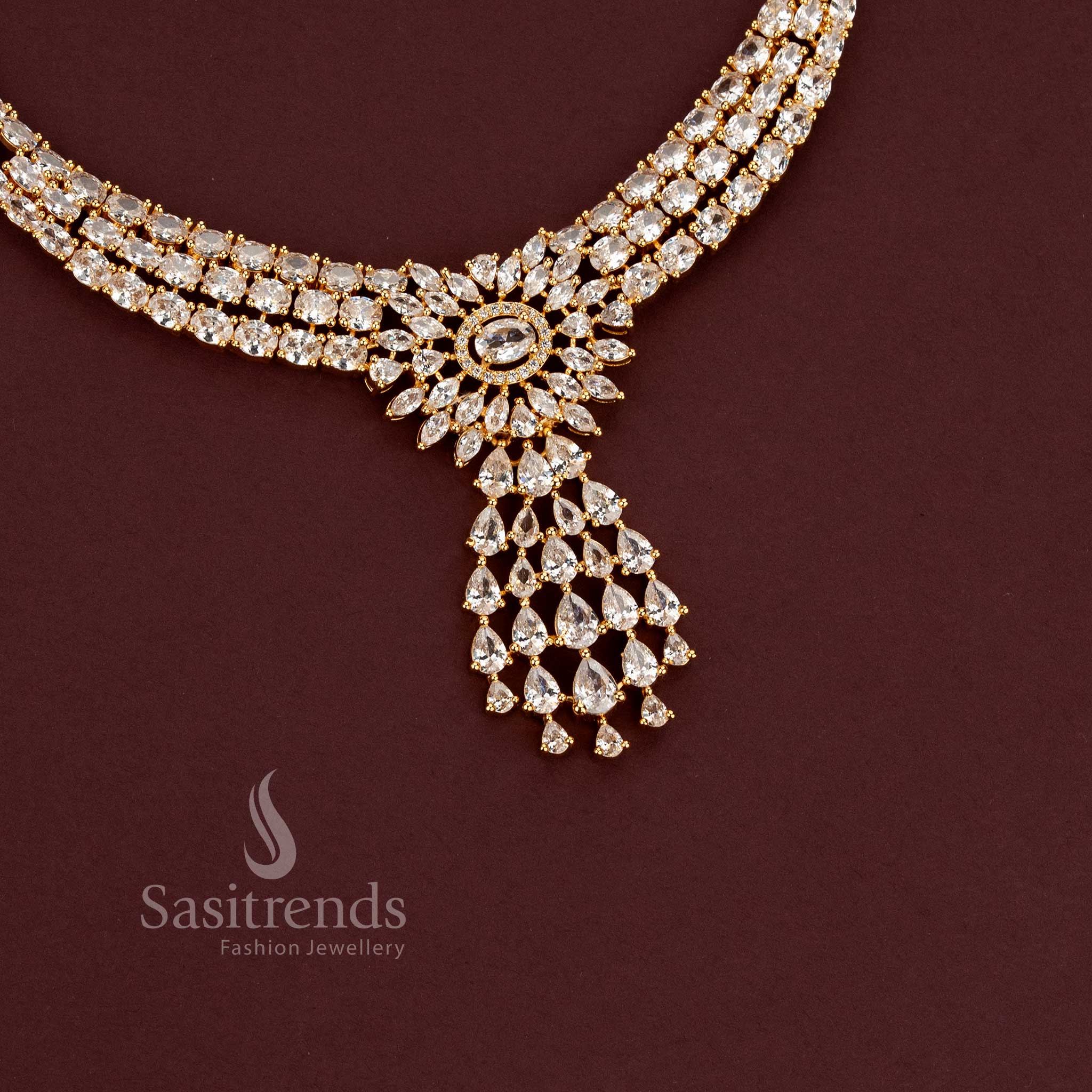 American Diamond One Gram 24K Micro Gold Plated Premium Party Wear Necklace Set with Earrings - Sasitrends