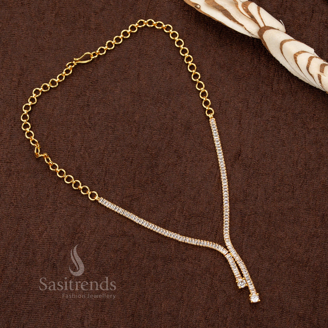 Chic and trendy white rectangular American Diamond stone necklace with micro gold finish, crafted exclusively for stylish teen fashion jewellery collections - Sasitrends