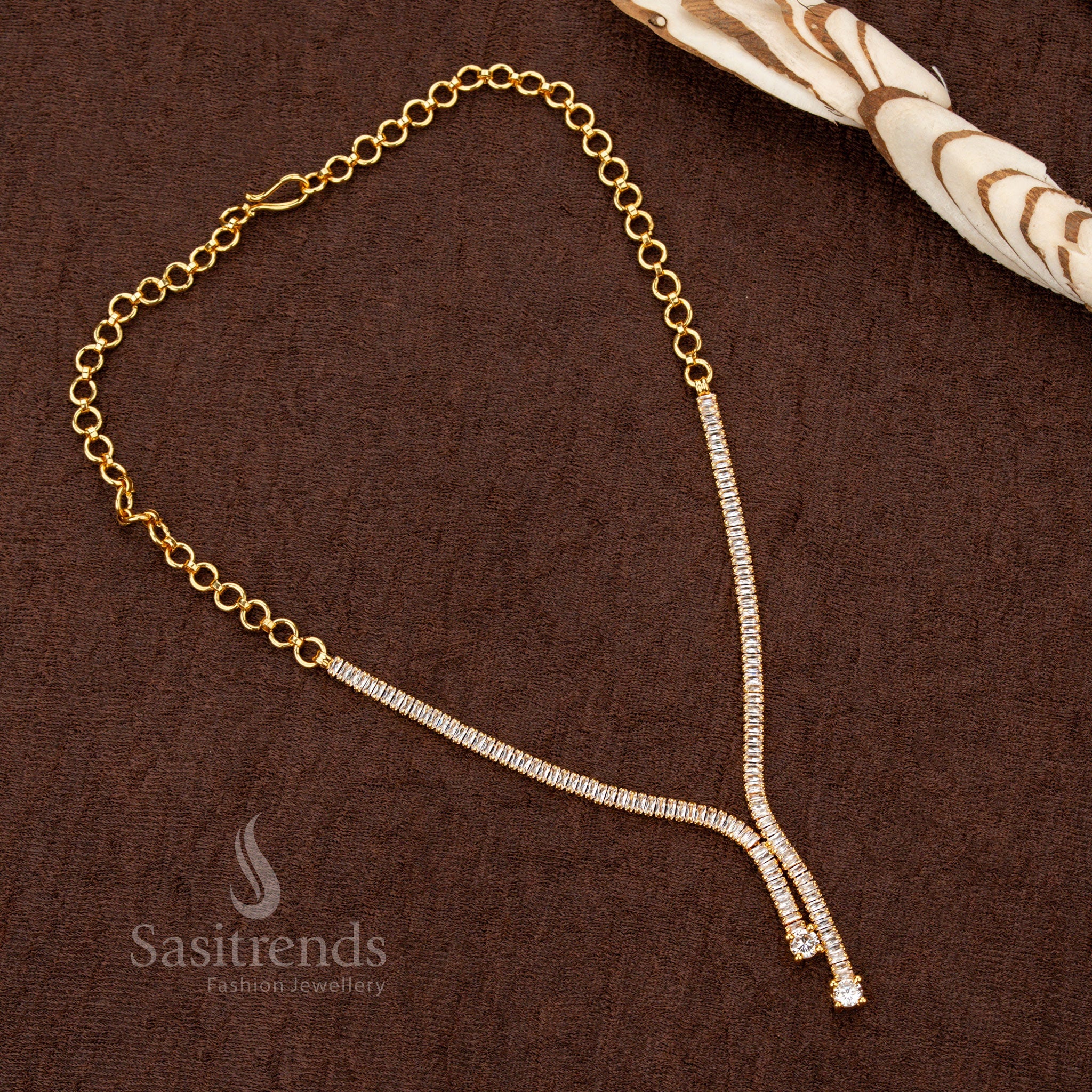 Chic and trendy white rectangular American Diamond stone necklace with micro gold finish, crafted exclusively for stylish teen fashion jewellery collections - Sasitrends
