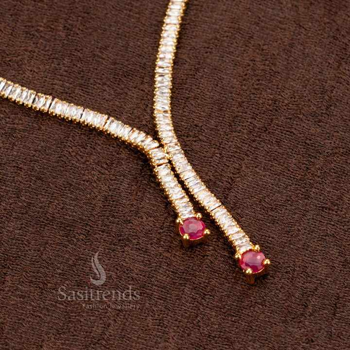 Regal and stylish teen occasion necklace showcasing a mesmerizing combination of white and ruby American Diamond rectangular stones, gracefully set in micro gold plating for an elite touch - Sasitrends