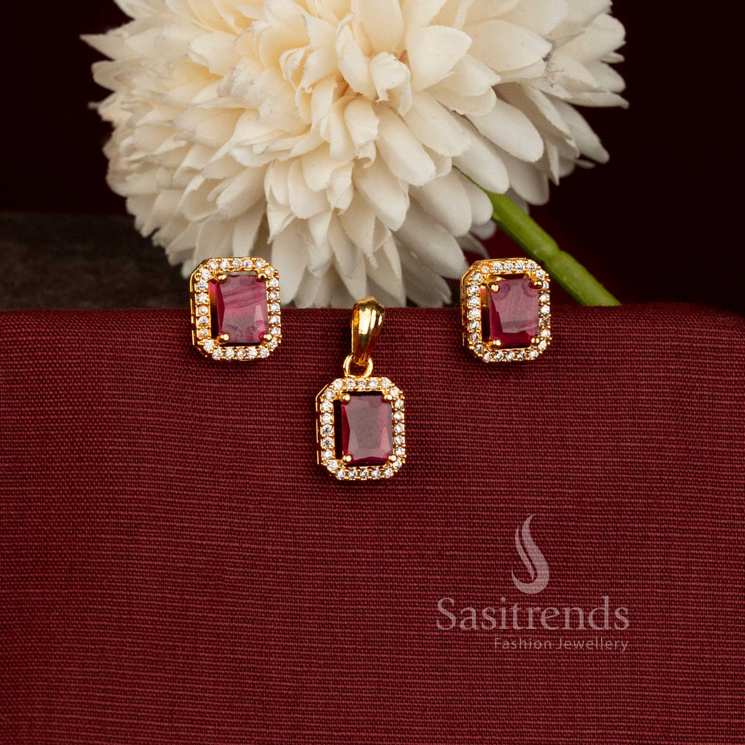 Stunning Micro Gold Plated Geometric Pendant with Matching American Diamond Earrings - Sasitrends
