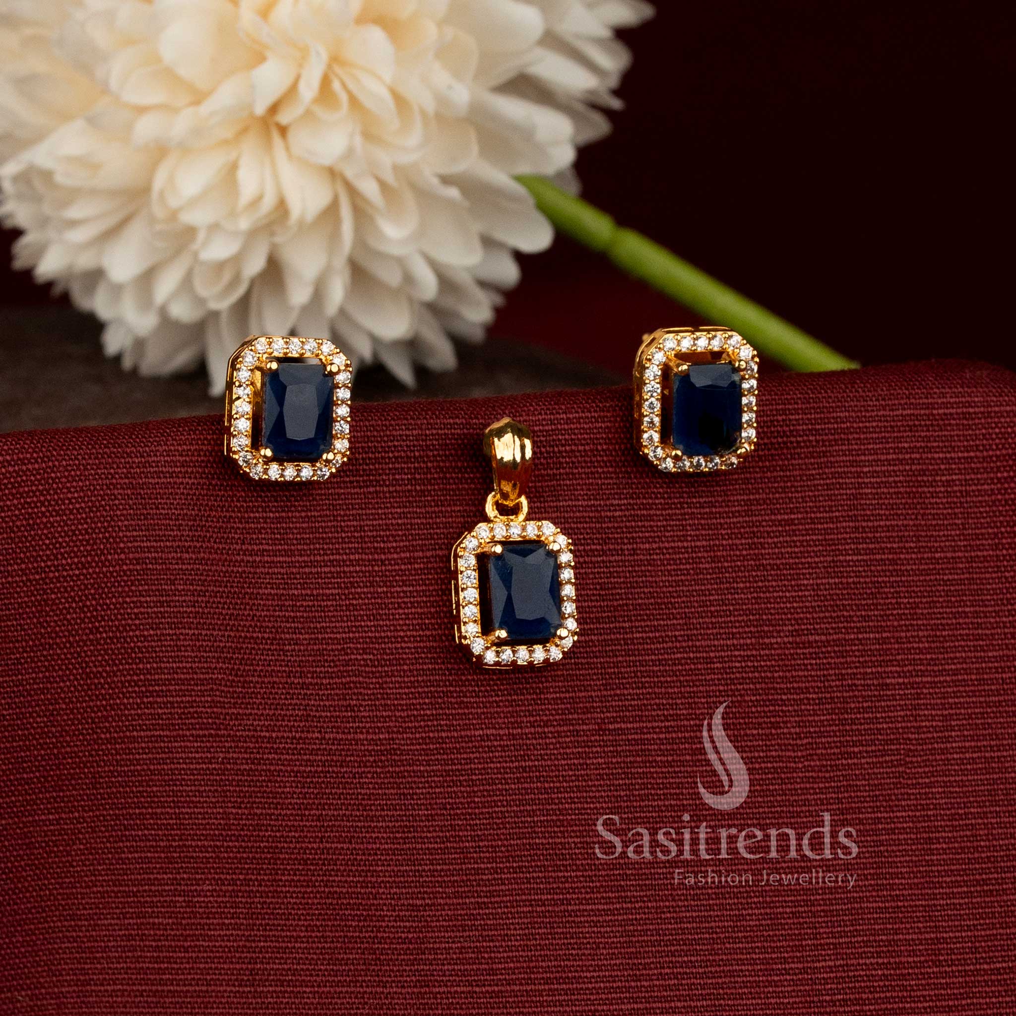  Stunning Micro Gold Plated Geometric Pendant with Matching American Diamond Earrings - Sasitrends