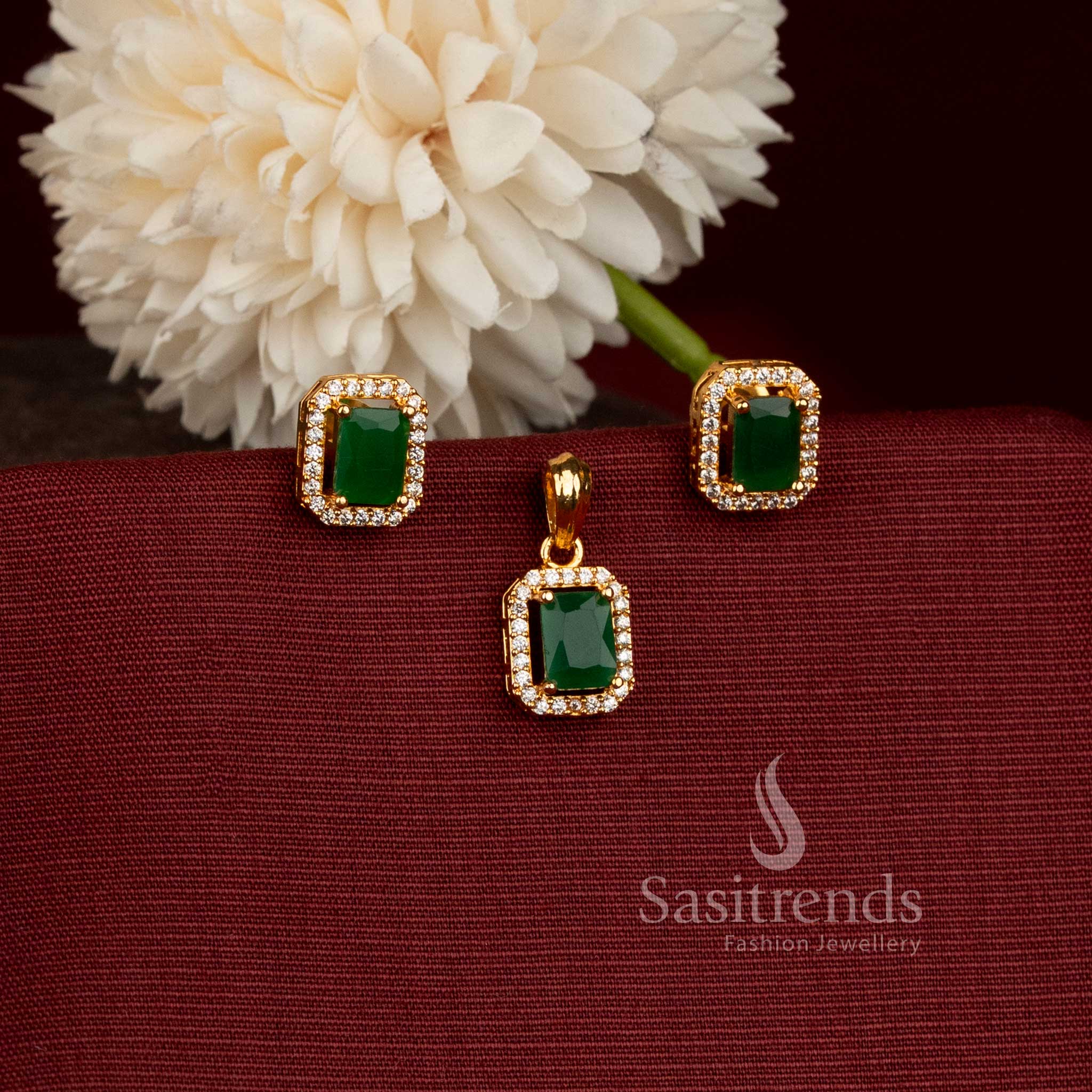  Stunning Micro Gold Plated Geometric Pendant with Matching American Diamond Earrings - Sasitrends