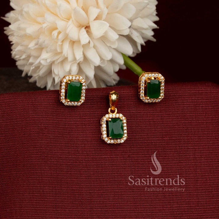  Stunning Micro Gold Plated Geometric Pendant with Matching American Diamond Earrings - Sasitrends