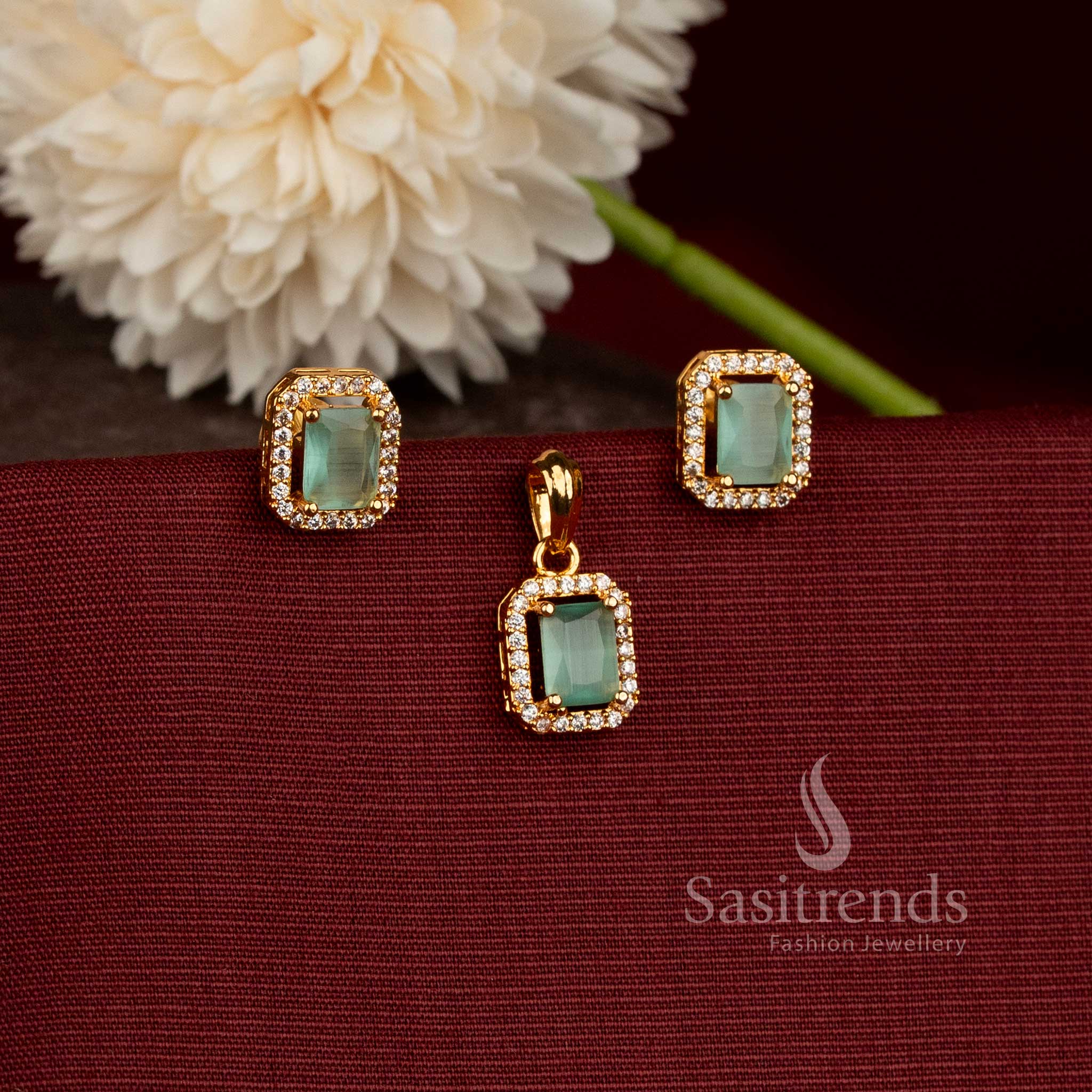  Stunning Micro Gold Plated Geometric Pendant with Matching American Diamond Earrings - Sasitrends