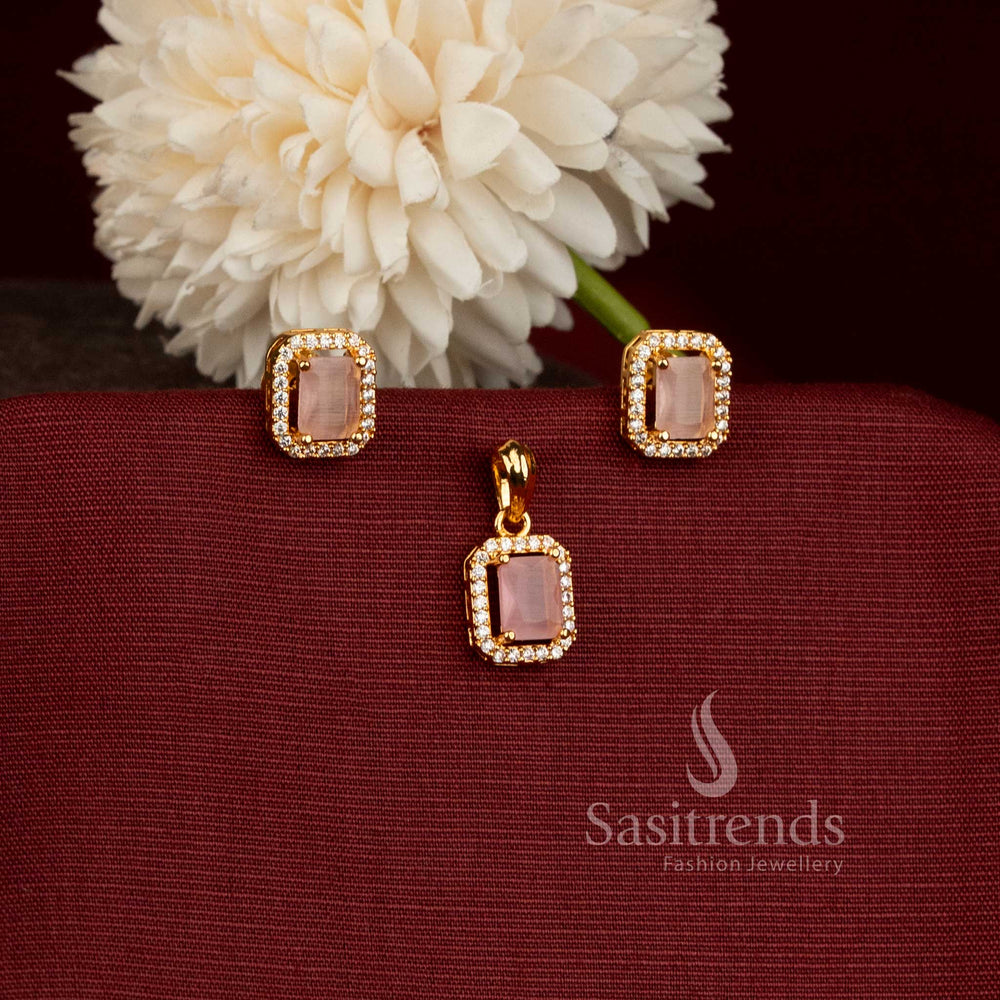 Micro Gold Plated Geometric Pendant with Matching American Diamond Earrings - Sasitrends