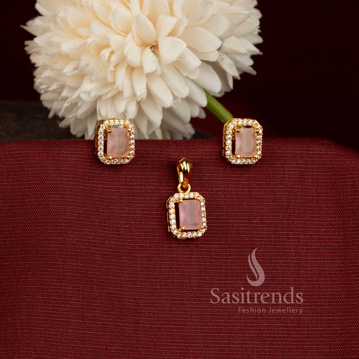 Micro Gold Plated Geometric Pendant with Matching American Diamond Earrings - Sasitrends