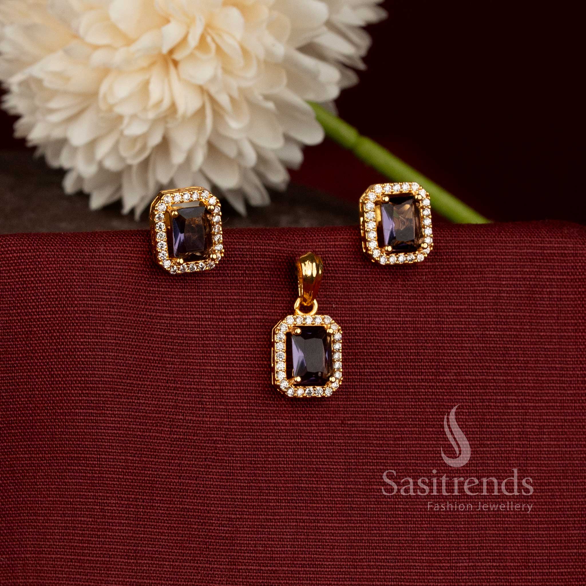  Stunning Micro Gold Plated Geometric Pendant with Matching American Diamond Earrings - Sasitrends