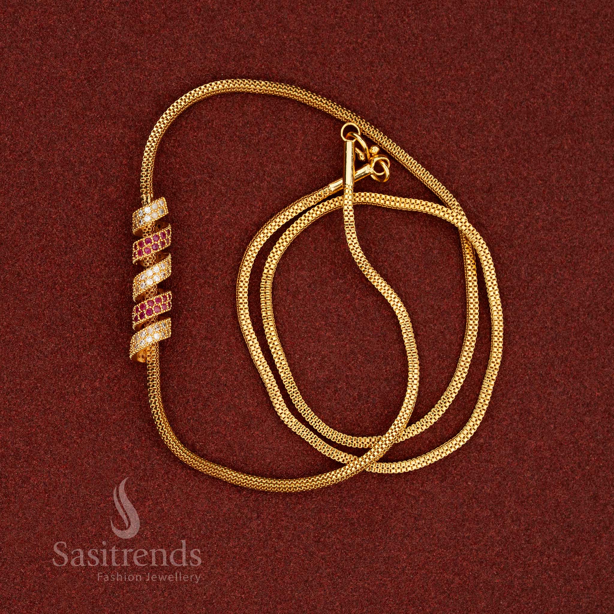 24 Carat Micro Gold Plated Mugappu chain featuring red, green, and white AD stones – Sasitrends
