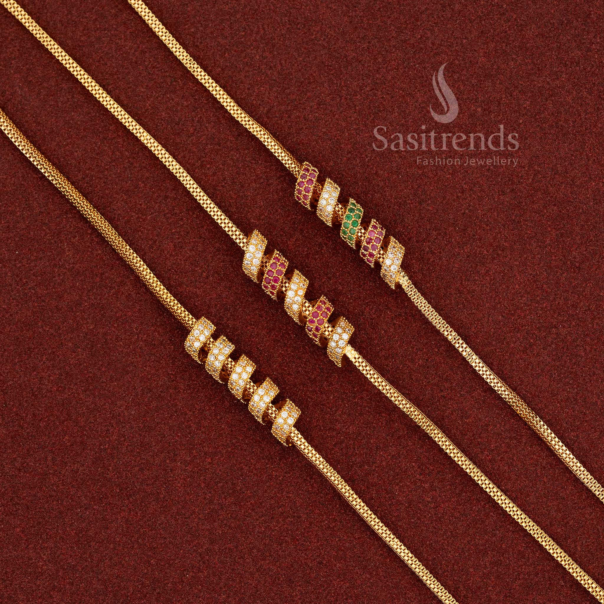 24 Carat Micro Gold Plated Mugappu chain featuring red, green, and white AD stones – Sasitrends