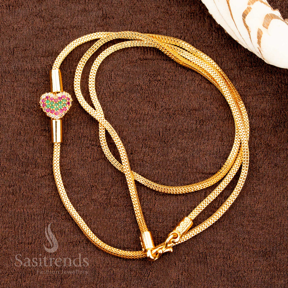 Multi-colour heart Mugappu chain with radiant pink stone center, micro gold plated in one gram style – traditional jewellery for festive sarees – sasitrends