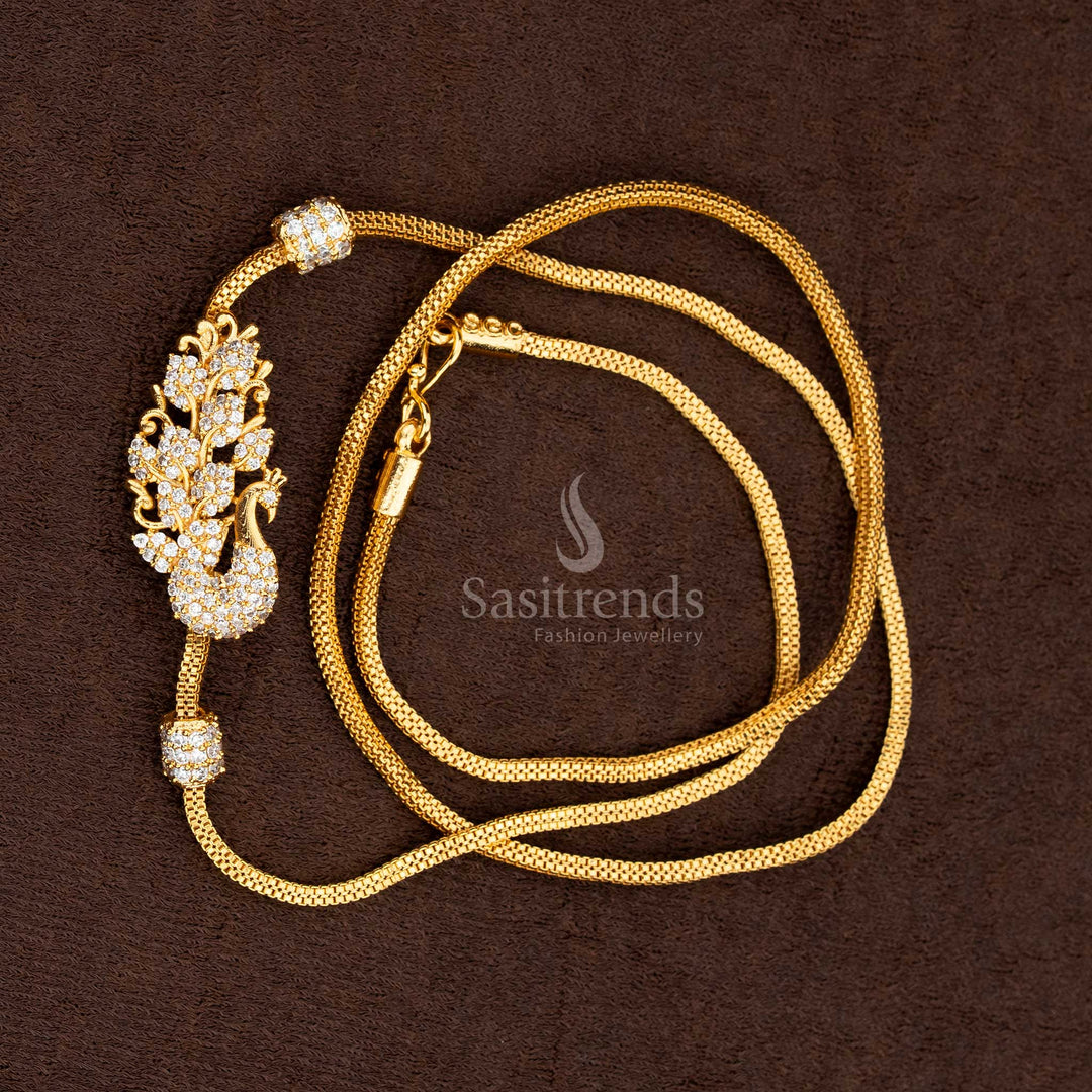 Full view of the Micro Gold Plated Mugappu Chain, highlighting the beautifully textured chain and the detailed, movable peacock centerpiece.
