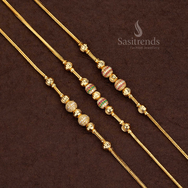 Close-up of a Grand Micro Gold Plated Mugappu Chain, showcasing the intricate ball design with sparkling AD stones, SKU 2576G.