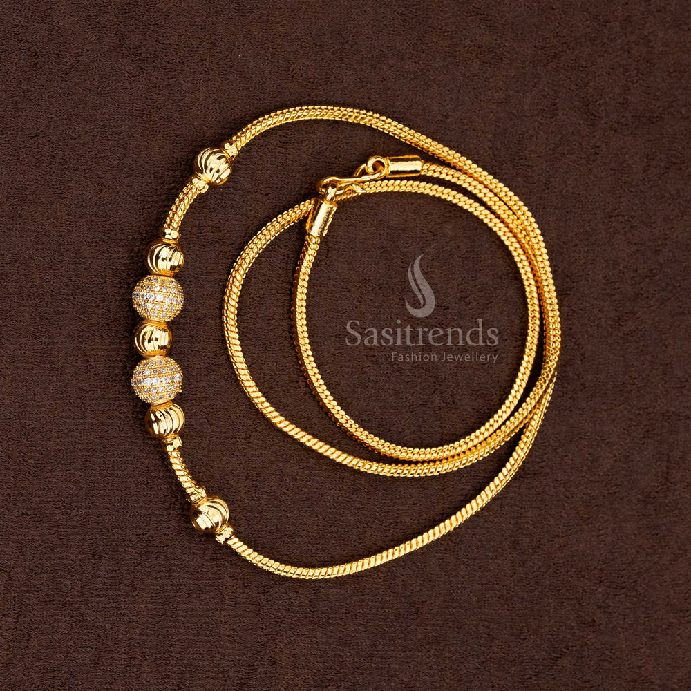 Full view of the Micro Gold Plated Mugappu Chain, highlighting the beautifully textured chain and the detailed, movable White -bead centerpiece with AD stones 