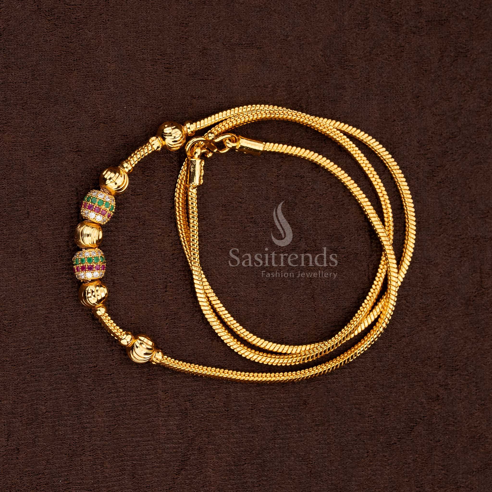 Full view of the Micro Gold Plated Mugappu Chain, highlighting the beautifully textured chain and the detailed, movable multi-bead centerpiece with AD stones - Sasitrends