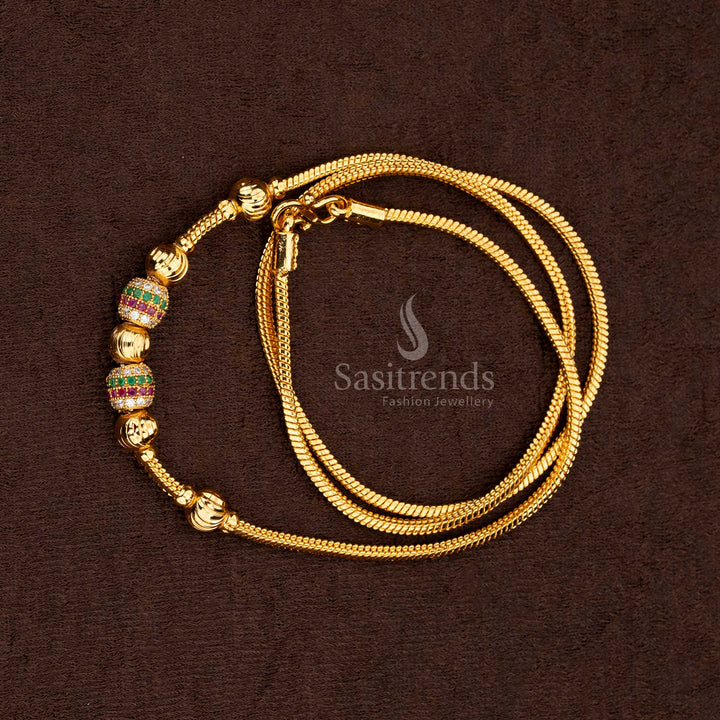 Full view of the Micro Gold Plated Mugappu Chain, highlighting the beautifully textured chain and the detailed, movable multi-bead centerpiece with AD stones - Sasitrends