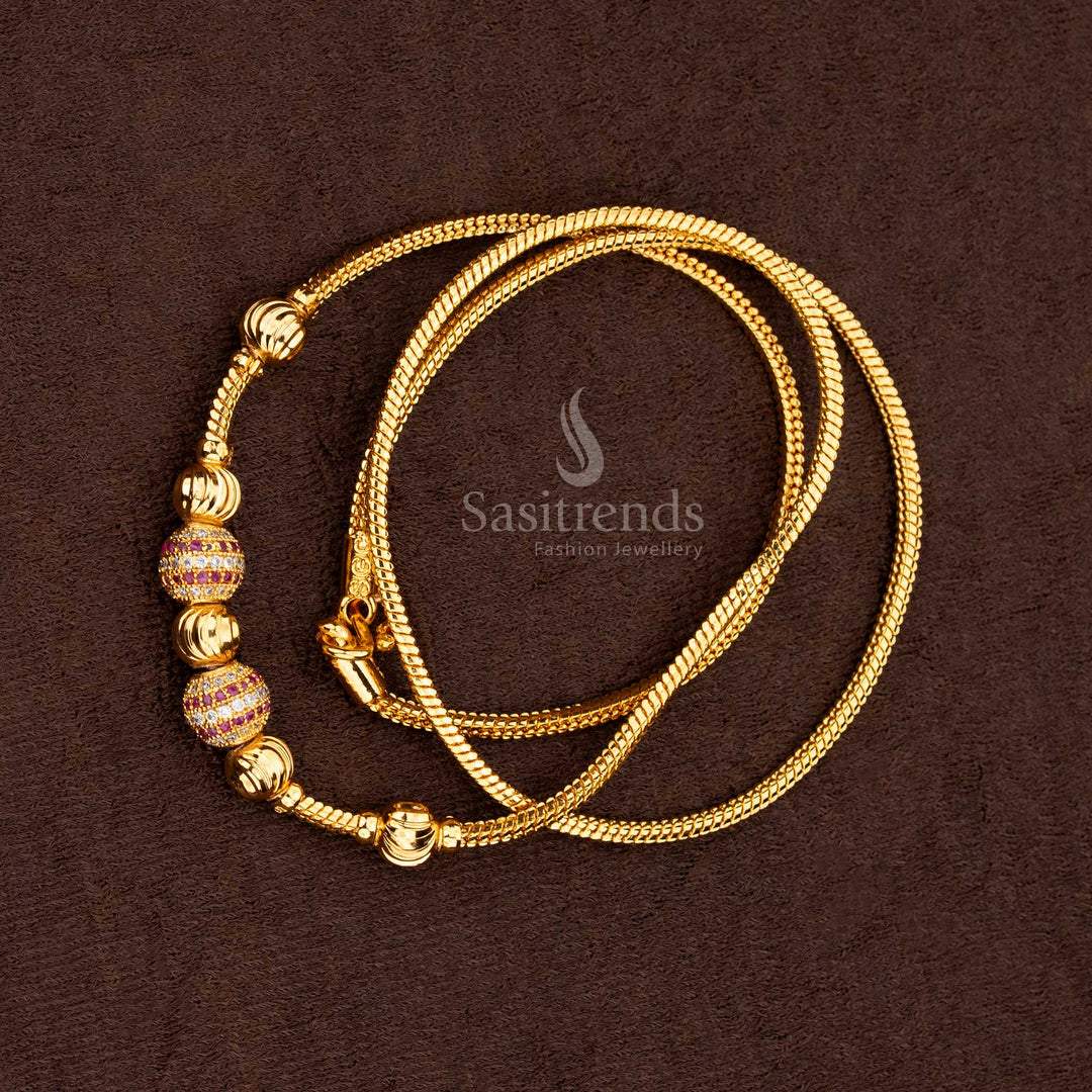 Full view of the Micro Gold Plated Mugappu Chain, highlighting the beautifully textured chain and the detailed, movable White and Ruby-bead centerpiece with AD stones.