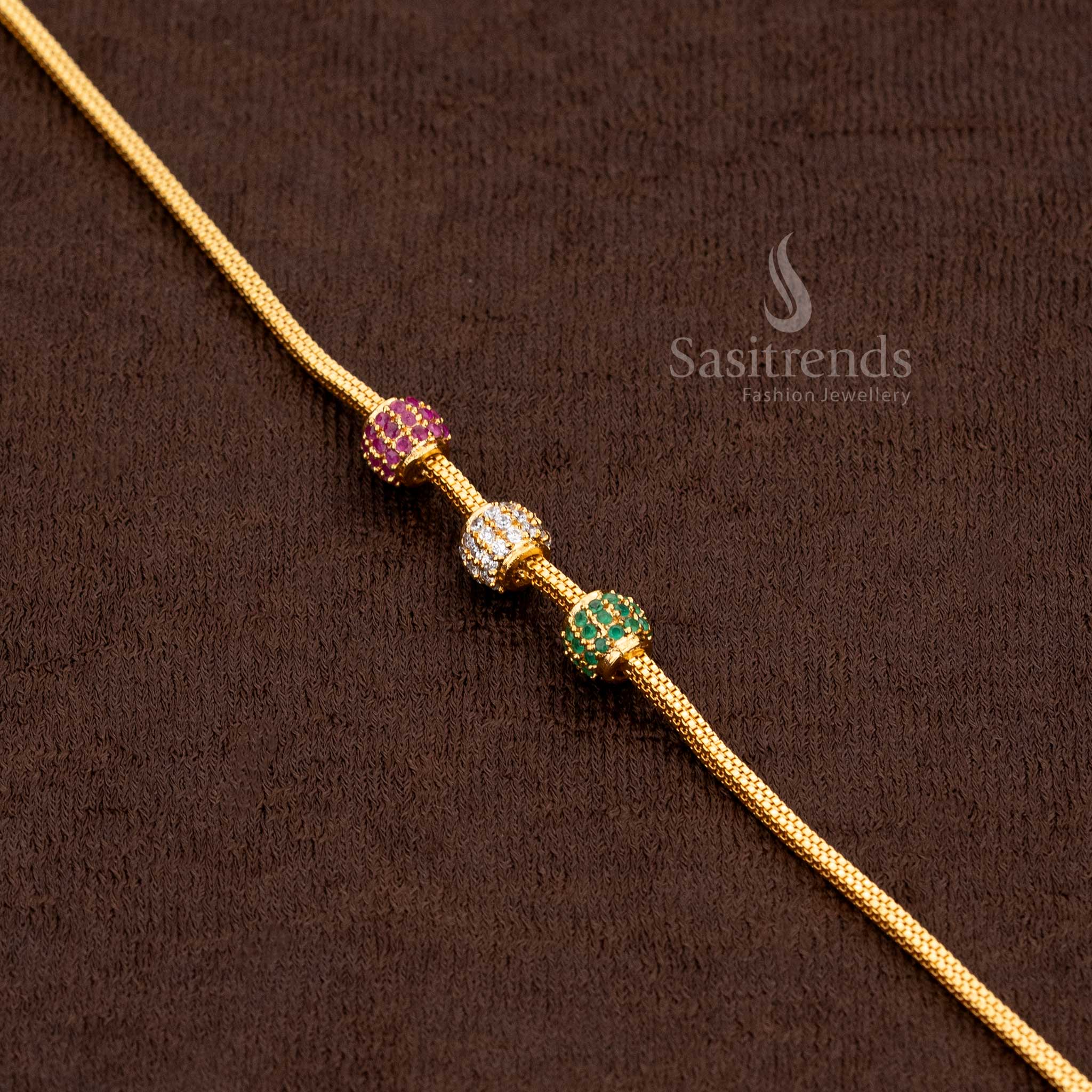 Close-up of a Grand Micro Gold Plated Mugappu Chain, showcasing the intricate ball design with sparkling AD stones, SKU 2576H