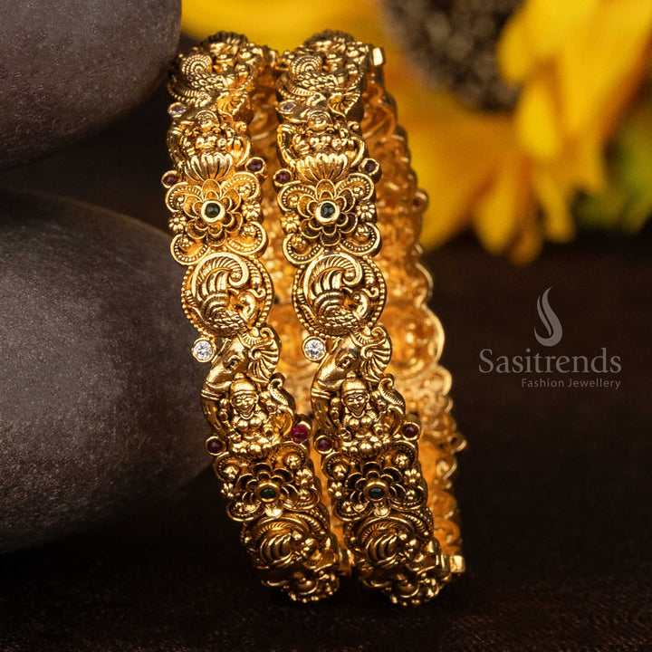 Wonderful Matte Gold Plated Temple Style Peacock, Lakshmi, Elephant & Floral Bangles – Bridal Traditional Jewellery - Sasitrends