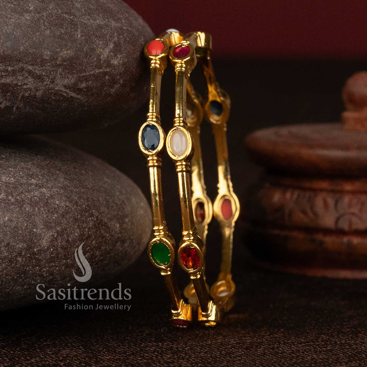 Sasitrends everyday wear matte gold plated bangle with refined AD stone oval motif arrangement