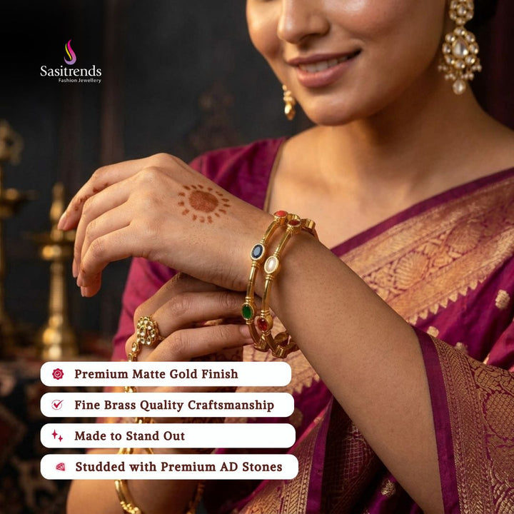 Temple Matte gold plated AD stone bangles model image - Sasitrends